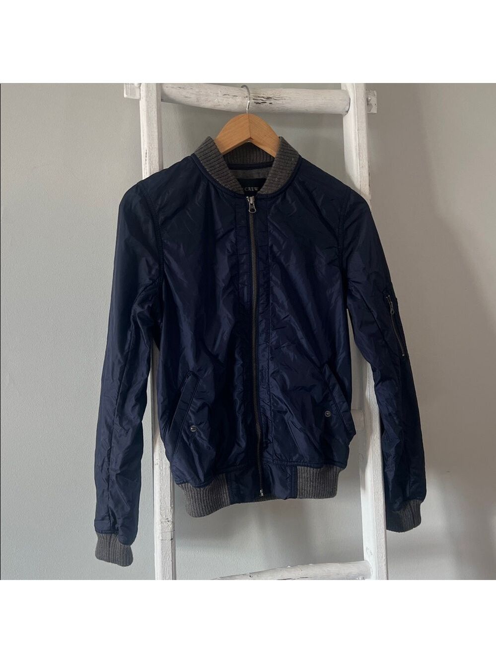 J. Crew navy Blue sweatshirt lined nylon bomber Jacket with Gray Accents small - Picture 2 of 10